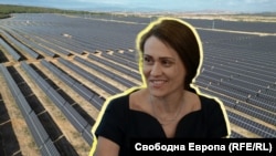 Гинка Върбакова на фона на фотоволтаичен парк. Колаж.