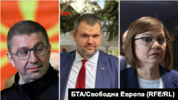 Колаж на лидера на ВМРО-ДПМНЕ Християн Мицкоски, съпредседателя на ДПС Делян Пеевски и лидерката на БСП Корнелия Нинова