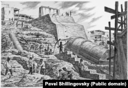 Строеж на неназован проект, вероятно в Армения или Грузия през 1933 година.