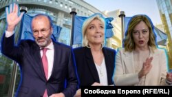 Манфред Вебер - лидер на ЕНП в европарламента, Марин льо Пен - лидерката на френскаат крайнодясна "Национален сбор" и Джорджа Мелони - премиерка на Италия и лидерката на 