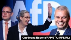 Колаж на лидерите на "Алтернатива за Германия" Тино Крупала и Алис Вайдъл и лидера на "Възраждане" Костадин Костадинов