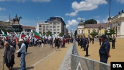 На протеста се виждат български тринагреници и знамена на "Възраждане".