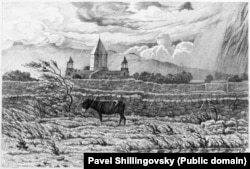 Магаре в дъждовна буря близо до катедралата в Ечмиадзин.