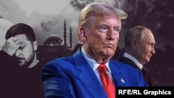 Американският президент Доналд Тръмп (в средата) на фона на украинския му колега Володимир Зеленски (вляво) и руския лидер Владимир Путин. Колаж: Свободна Европа