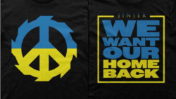 Предна и задна щампа на тениската, която Jinjer продава в подкрепа на Украйна.