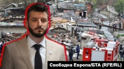 Кметът на столичния район "Илинден" Емил Бранчевски на фона на разрушаването на незаконни ромски къщи в кв. "Захарна фабрика". Колаж: Свободна Европа
