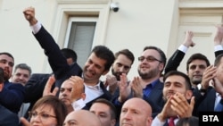 Премиерът Кирил Петков по време на протеста в четвъртък пред Народното събрание.