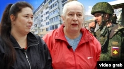 Семейство Колисниченко, което притежава имоти в Крим, техният дом и руски военен. Колаж на Свободна Европа