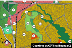 По-голяма част от имотите, върху които попада гората в Коджа тепе, са предвидени в ОУП за курортна зона за комплекси в зелена среда (светлозеленото в средата - Ок1)