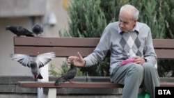 Мъж храни гълъби в София. Снимката е от 2019 г.